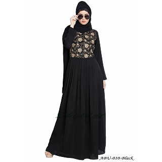 Embroidered pleated abaya- Black-Beige